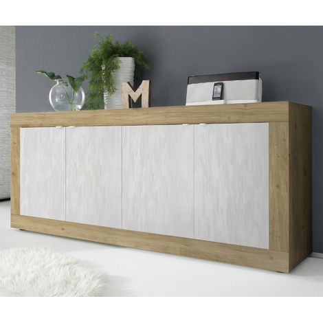 Buffet bas moderne bois et blanc 4 portes 210cm CALIA 2 (1/5)