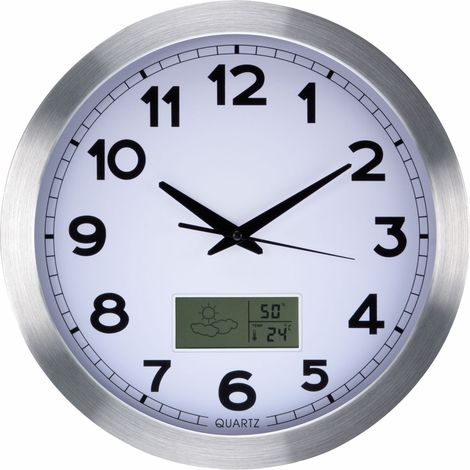 Perel Analoge Wanduhr 35 cm mit LCD für Temperatur und Luftfeuchtigkeit, gut lesbares Zifferblatt, Thermometer Hygrometer und Wetterstation, silberner Aluminiumrahmen, Wohnzimmer Küche Büro