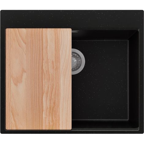 PRIMAGRAN Evier Cuisine en Granit 58x50cm,Lavabo 1 bac + Kit de Vidage + Planche à Découper, Évier à Encastrer au meuble 60cm - Oslo, Noir Métallisé (1/5)