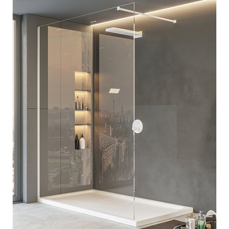 Walk in parete doccia fissa 140 cm vetro trasparente 8 mm H 200 cm bianco opaco (1/5)