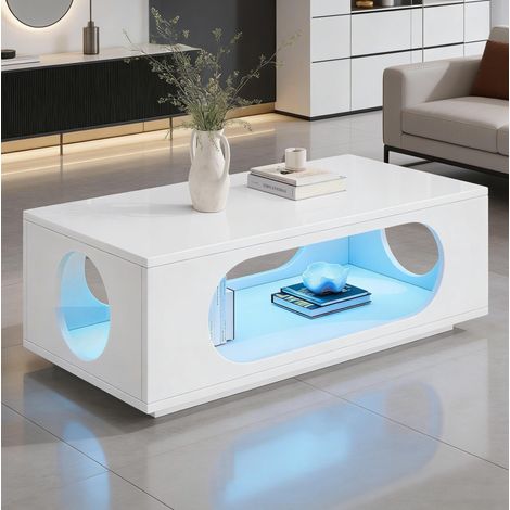 Mesa baja brillante para salón con LED controlada por aplicación, gran almacenamiento abierto, en MDF, blanca, 100x50x35 cm (1/5)
