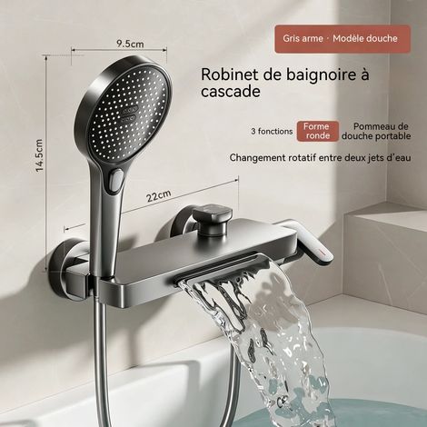 Robinet de baignoire cascade gris pistolet, ensemble douche mural à double sortie, mitigeur eau chaude froide avec pommeau de douche 3 fonctions, grand débit pour salle de bain (1/5)