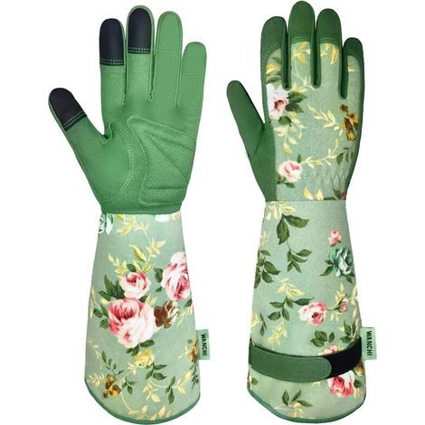 Gants de jardinage pour femmes, durables et confortables, en cuir, imprimé vert, taille M (1/5)