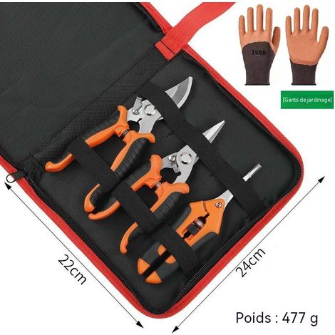 Kit outils de jardinage, cisailles de taille multi‑usages en acier inoxydable, sécateurs pour arbustes, fruitiers et bonsaï, avec sac de rangement et gants de jardin (1/3)