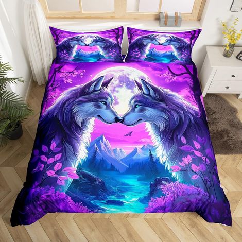 Parure de lit avec housse de couette 155 x 220 cm - Violet - Motif : feuilles, montagnes, rivières, lune, loups, pour enfants, garçons, filles, adolescents et couples (1/5)