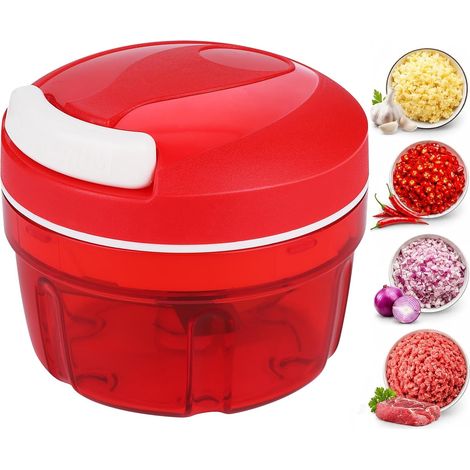 Hachoir Manuel, Coupe Oignon Manuel 300 ml avec Lames en Acier Inoxydable, Hachoir à Ail, Robot Culinaire pour Piment/Oignons/Légumes/Noix/Fruits/Poivrons/Viande/Ail/Purée (Rouge) (1/5)