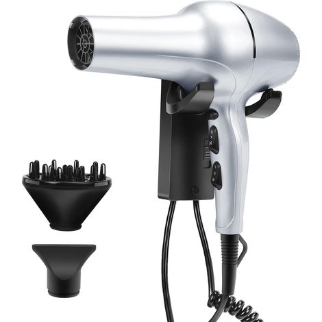 Sèche-Cheveux Mural,Seche Cheveux Ionique Professionnel,1 Diffuseur 1 Buse,Fixation Murale,Moteur AC 2200W pour Hôtel,Salon,Argent (1/5)
