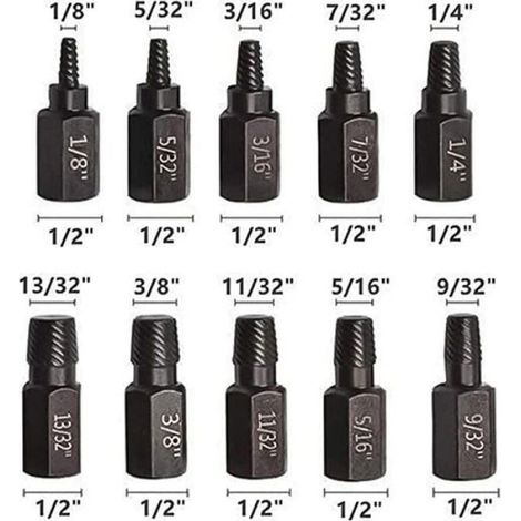 Extracteur de Boulons, 10 Pièces, Acier Allié, 1/8" à 7/8", pour Boulons, Vis, Goujons Cassés (1/4)