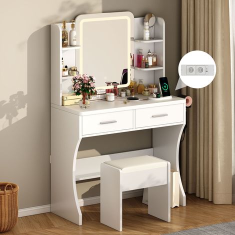 Coiffeuse avec Miroir LED et Tabouret, Luminosité Réglable, 3 Couleurs, Multiprise, 2 Tiroirs, 4 étagères, 80L X 40P X 130H cm, Blanc (1/5)