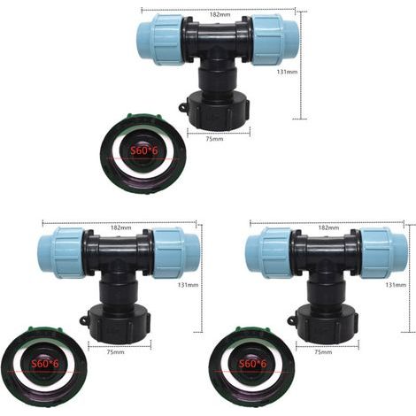 Packung mit 3 IBC-Tankadaptern S60 x 6 - T-Stück für Wasserschlauchanschluss - T-Abgang (32-mm-T-Stück-Abgang) (1/5)