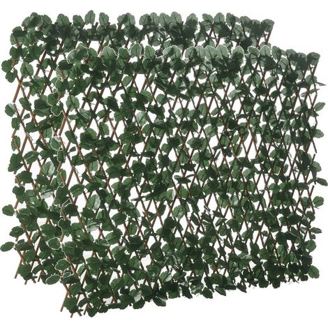 Brise-vue artificiel en treillis vert extensible, composé de 2 panneaux de longueur ajustable (295 x 70 cm). (1/5)