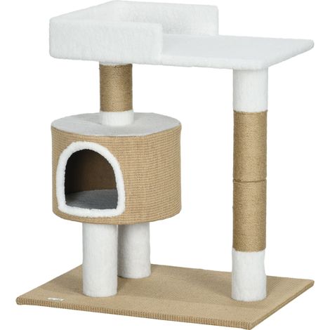 Arbre à chat avec niche, 1 niche, 1 surface de couchage, 70 cm x 49 cm x 79 cm, naturel et blanc (1/5)