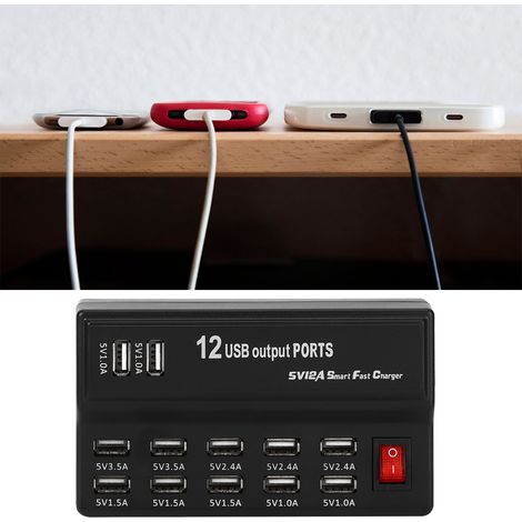 Mehrfachsteckdose mit 12 USB-Anschlüssen, Schnellladefunktion für Mobiltelefone und Ventilatoren, 100-240 V (EU-Stecker) (1/5)