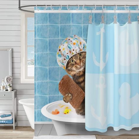 Rideau de Douche Chat Drôle 180x180, Bain Animal Chaton Mignon Enfants Bleu, Imperméable Tissu Polyester Lavable pour Salle de Bain (1/5)