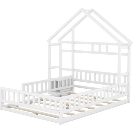 Cama infantil cabaña 140 x 200 cm con barreras y mesita de noche blanca HOMVRA (1/5)