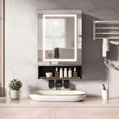 Armoire à Miroir Mural 50x16x88 cm,Salle de Bains Armoire avec 1 portes,Grand Meuble de Rangement avec Étagère Réglable,Anti - Buée Gradateur, Noir