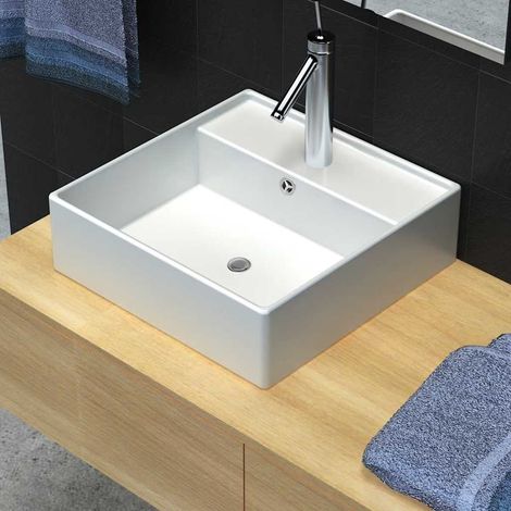 Luxueuse vasque céramique carrée avec trop plein 41 x 41 cm (1/5)