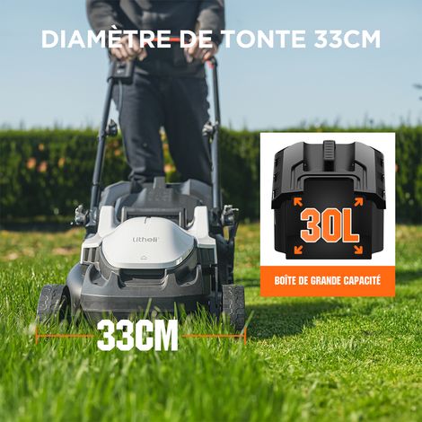 Litheli – Tondeuse à batterie 33 cm – Moteur Brushless – 5 hauteurs réglables – Bac 30 L – Pour pelouses jusqu'à 500 m²