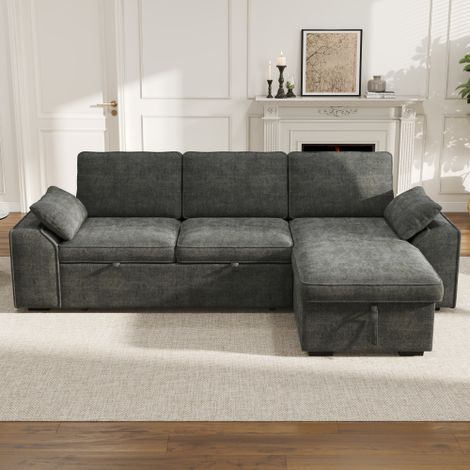Divano angolare a 3 posti con vano contenitore, divano letto estraibile con portabicchieri e porta di ricarica USB, schienali regolabili, portata massima 120 kg, divano da soggiorno grigio scuro 237x1 (1/5)