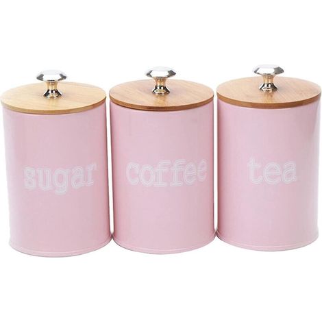 Set aus 3 rosa Vorratsdosen mit luftdichten Bambusdeckeln - moderne Aufbewahrungsbox zum Servieren von Tee, Kaffee, Gewürzen und mehr. (1/5)