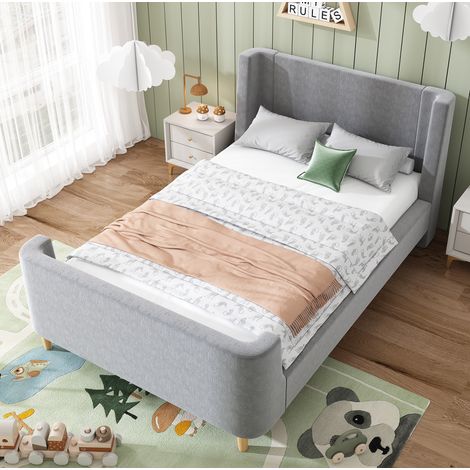 Kinderbett Polsterbett,Einzelbett Schlittenbett mit kosmischem Muster, 90 x 200 cm, Für Jungen & Mädchen, Grau, Samt (Ohne Matratze) (1/5)
