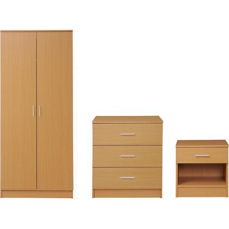 3 Piece Bedroom Set 3 Drawer Wardrobe Chest Bedside Table - Beech (1/4)