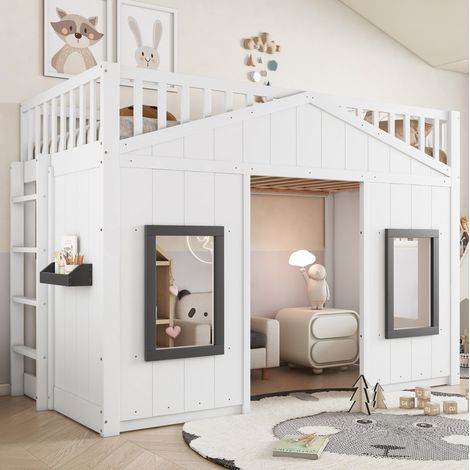 Letto a castello 90x200 cm bianco in pino e MDF con scala e finestre (1/5)