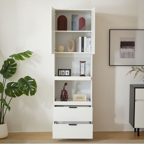 Armoire de cuisine 59.5x45x200 cm blanche en MDF avec étagères ouvertes, tiroirs et dispositif anti-basculement (1/5)