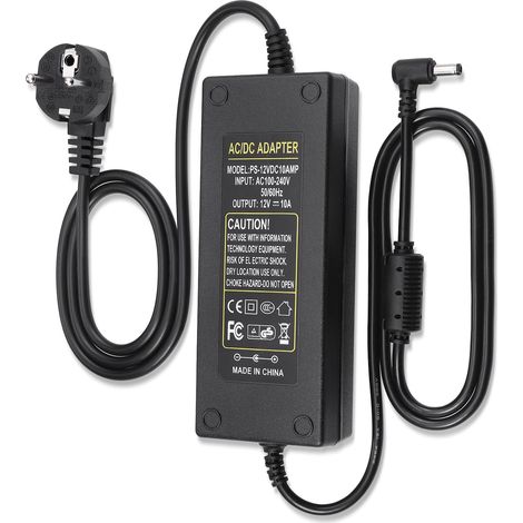 Adaptateur d'alimentation 12V 10A, DC 120W, avec 5.5mm x 2.5mm/2.1mm Convertisseur de Tension, Transformateur d'alimentation LED, Transformateur pour Vidéosurveillance, écran PC, DVD, TVs etc (1/5)