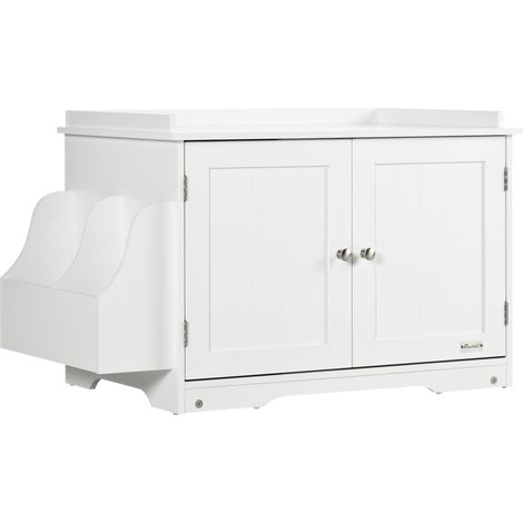 Meuble à chat/bac à litière avec séparateur ajustable et portes magnétiques, blanc, 86 x 48 x 52 cm, pour un intérieur élégant.