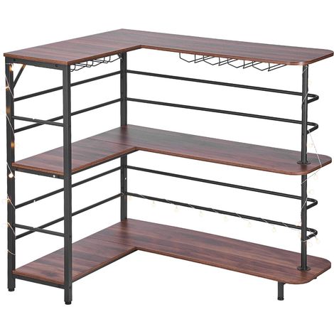 Meuble bar maison en L, table bar à vin 3 niveaux avec étagères de rangement, pieds réglables, éclairage LED, finition noyer et structure métallique, buffet à alcool pour maison, cuisine, salon, pub, (1/5)