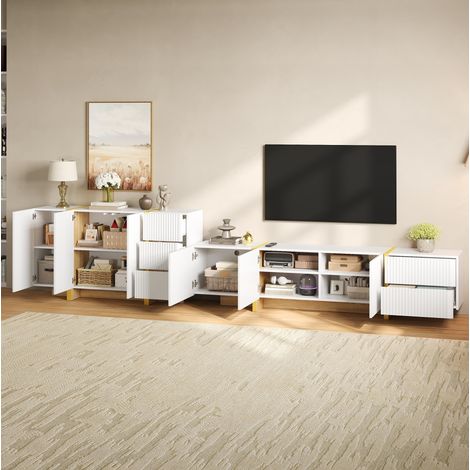 Mueble TV con aparador frontal ranurado en MDF y PB blanco OKWISH (1/5)