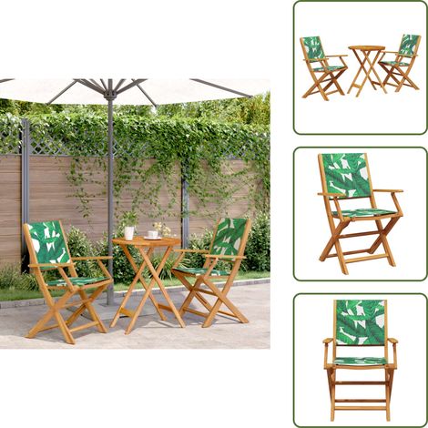 3-tlg. Bistro-Set Blattmuster Stoff und Massivholz - Gartensitzgruppe - Holzsessel - Esszimmergarnitur - Outdoor Möbel - Gartenmöbel Set