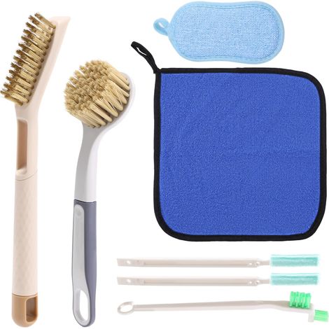 Dieses 7-teilige Reinigungsset für Heißluftfritteusen enthält eine Reinigungsbürste für Heißluftfritteusen, drei verschiedene Bürstenarten, ein Handtuch und einen Schwamm – Küchenreinigungszubehör. (1/5)