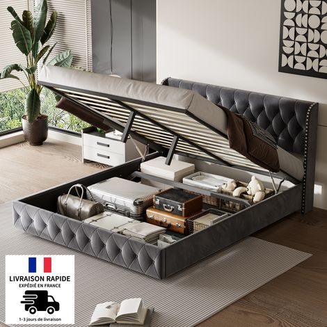 Cama con canapé de 140x190 cm - Somier de láminas, doble hilera de remaches, cama doble, cama hidráulica funcional, diseño estilo Chesterfield, terciopelo - Gris oscuro (1/5)