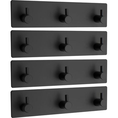 Set mit 4 selbstklebenden, wasserfesten Edelstahlhaken für Badezimmer, Handtücher, Hüte, Mäntel, Schlafzimmer, robuste Türhaken (matt schwarz) (3 Haken (4er-Pack))