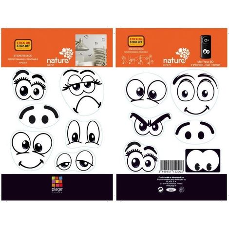 Lot de 2 Stickers Autocollants Décoratifs Rigolos Visage BD, 10,5 x 17 cm - Décoration Murale Amusante et Originale (1/4)