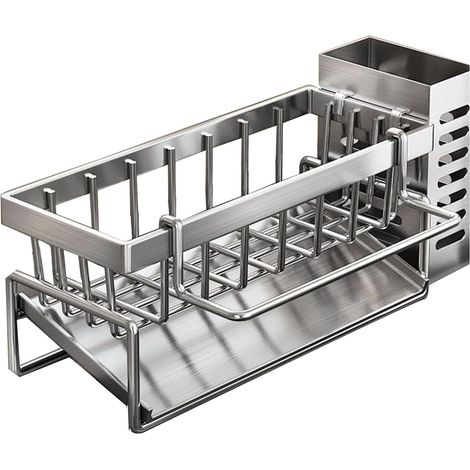 Organizador para fregadero de cocina, escurridor con bandeja de drenaje, especiero para platos, cepillo, jabón, barra para cinturón plateada (1/4)