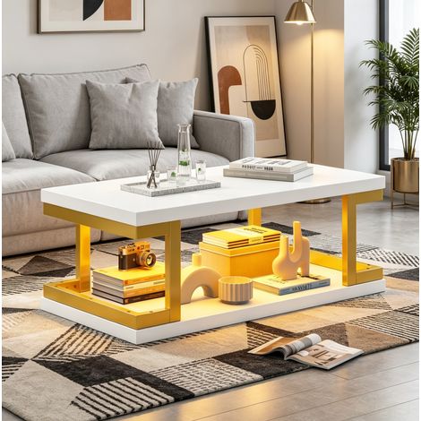 Tavolino da caffè 100x50x37.5 cm, con illuminazione LED, piano a 50 kg, MDF e metallo bianco oro (1/5)