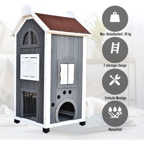 Chat extérieur pour chats 2 étages en bois de sapin, imperméable, cabane pour chat avec toit en asphalt, gris, 59 x 55 x 109 cm (1/5)