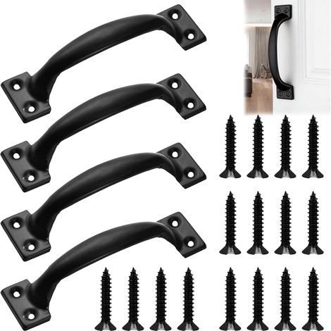 Lot de 4 Poignées de Porte Noires 100mm, Poignées de Portail avec 16 Vis pour Clôtures en Bois, Abri de Jardin, Placards et Meubles, Usage Intérieur et Extérieur