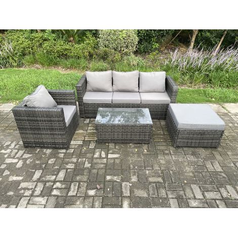 Fimous 4 PCS Ensemble de meubles de jardin en rotin avec Fauteuil Table basse grand tabouret Mélange gris foncé (1/4)
