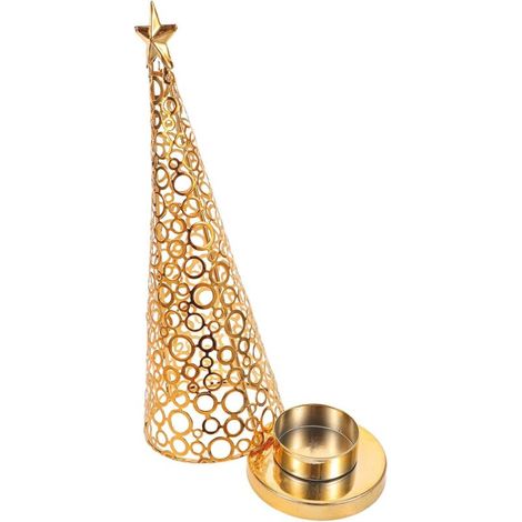 Porte-Bougies Sapin de Noël en Métal Doré, Bougeoir Chauffe-Plat Rond Petit Modèle pour Centres de Table de Mariage et Ambiance de Réunion Familiale (1/4)