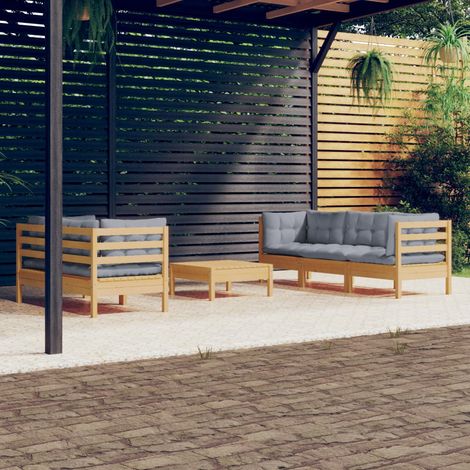 Salon de jardin 6 pcs Ensemble Table et Chaise de Jardin - avec coussins gris Bois de pin BV871216 - BonneVie (1/5)