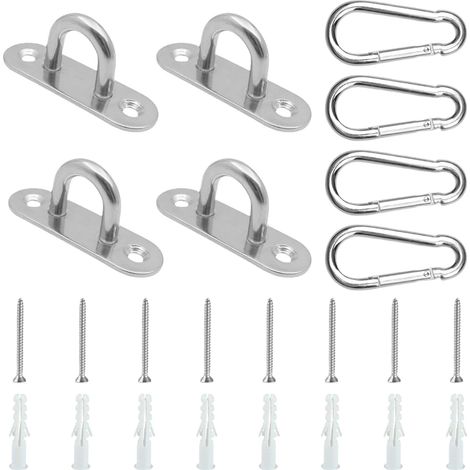4 Pièces Crochet, Anneau Fixation, Plaque à œillets, Mousquetons Acier Inoxydable 304, Charge 50 kg, pour Hamac Yoga Voile (1/5)