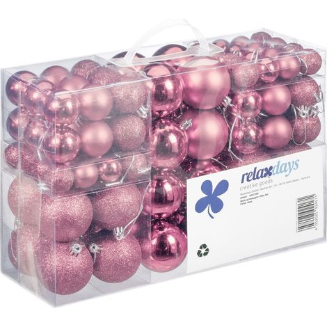 Relaxdays Palline di Natale, Set da 100, Addobbi Natalizi, Opache, Lucide, Glitterate, ∅ 3,4 e 6 cm, Decorazioni, Rosa (1/5)