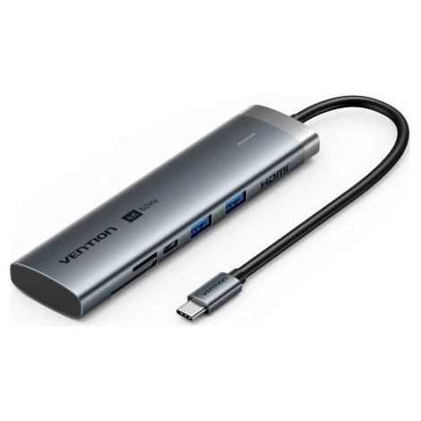 Docking USB Tipo-C Vention TPSHB/ 1xHDMI 4K/ 2xUSB/ 2xUSB Tipo-C/ 1xRJ45/ 1xUSB Tipo-C PD/ 1xLector Tarjetas/ Gris
