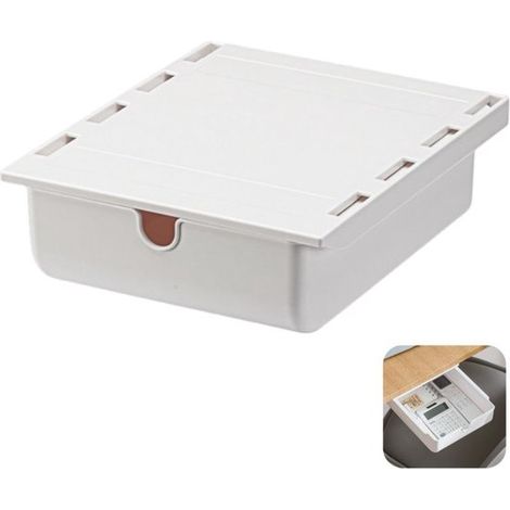 Caja organizadora para debajo del escritorio, cajón oculto, organizador autoadhesivo, ideal para la oficina, color blanco, 23,5 x 19,8 x 7,1 cm (1/5)