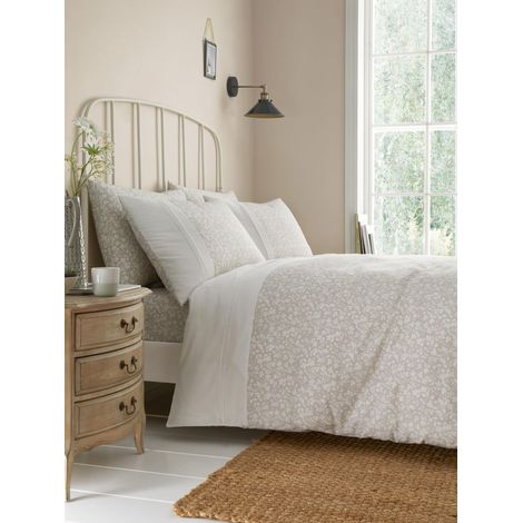Housse de Couette plissée - Lit Double (200 x 200 cm) - 2 taies d'oreiller - Polycoton - Housse de Couette Florale en Naturel - Literie crème/Naturel/Blanc (1/3)