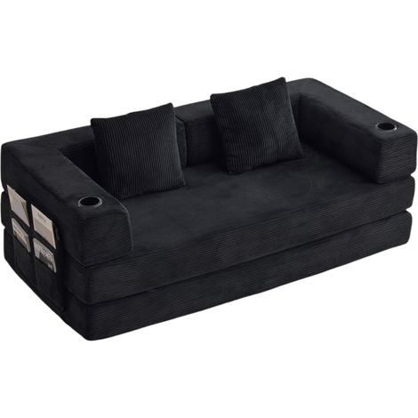 Divano letto pieghevole nero in velluto a coste con cuscino, portabicchieri e tasca (1/5)